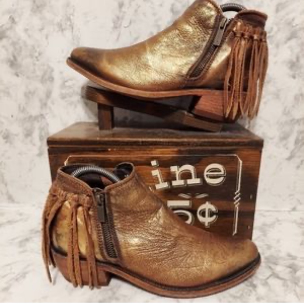 LIBERTY women’s brown ankle booties with fringe and shimmer, size 8.5